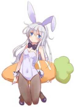 1girl alternate_costume animal_ear_hairband animal_ears black_bow black_bowtie black_pantyhose blue_eyes blush bow bowtie breasts cleavage commentary_request covered_navel detached_collar double-parted_bangs fake_animal_ears fake_tail full_body hair_between_eyes hairband hibiki_(kancolle) kantai_collection leotard long_hair long_sidelocks looking_at_viewer motohara_moka pantyhose playboy_bunny purple_shoes rabbit_ear_hairband rabbit_ears rabbit_tail shoes sidelocks simple_background small_breasts solo squatting strapless strapless_leotard stuffed_carrot tail very_long_hair white_background white_hair white_hairband white_leotard wrist_cuffs