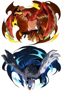 Rule 34 | absurdres, animal focus, beak, bird, commentary request, fangs, gen 2 pokemon, highres, ho-oh, legendary pokemon, lugia, nintendo, no humans, open mouth, pokemon, pokemon (creature), pokemon focus, poyo party, red eyes, skin fangs, talons, tongue, wings