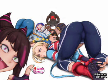 1boy 6+girls ^^^ akuma_(street_fighter) ass blank_eyes blonde_hair blue_eyes blurry blurry_foreground brown_hair cammy_white capcom character_request chun-li commentary dark-skinned_female dark_skin dated dazed drooling english_commentary english_text excited eyebrows_hidden_by_hair fang fingerless_gloves fingernails gloves green_eyes hair_horns han_juri hershuar heterochromia jacket kimberly_jackson multicolored_hair multiple_girls open_mouth pants pink_eyes pink_hair shun_goku_satsu simple_background smile speech_bubble standing street_fighter street_fighter_6 thumbs_up top-down_bottom-up twitter_username two-tone_hair unconscious white_background