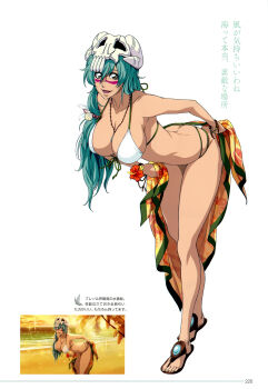Rule 34 | 1girl, absurdres, arrancar, beach, bikini, bleach, bleach: brave souls, breasts, brown eyes, curvy, facial mark, full body, green eyes, green hair, hair between eyes, hair ornament, helmet, highres, large breasts, long hair, looking at viewer, multi-strapped bikini bottom, multiple views, navel, nelliel tu odelschwanck, official art, open mouth, outdoors, parted lips, scan, simple background, skull hair ornament, smile, standing, swimsuit, translation request, white background, white bikini, wide hips