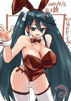 1girl absurdres animal_ears bare_shoulders blush breasts cleavage dated detached_collar fake_animal_ears hair_ribbon highres isuzu_(kancolle) kantai_collection large_breasts leotard long_hair looking_at_viewer mizunototori open_mouth playboy_bunny red_leotard ribbon signature smile solo strapless strapless_leotard thighhighs twintails white_thighhighs