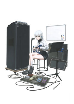 1girl absurdres black_shoes cellphone commentary_request ear_piercing electric_guitar grey_hair guitar highres holding instrument jacket looking_at_viewer original phone piercing shoes sitting smartphone solo tokaki white_hair white_jacket