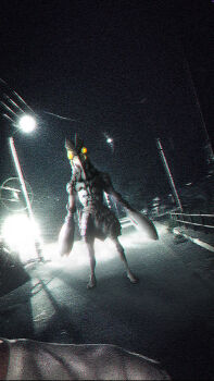 Rule 34 | 1boy, 1other, absurdres, adversarial noise, alien, arms at sides, baltan seijin, colored skin, commentary request, dark, fleeing, glowing, glowing eyes, grey skin, highres, looking at viewer, love894anon, night, no pupils, photo background, pincers, pov, power lines, railing, road, sky, standing, street, tokusatsu, tsuburaya productions, ultra series, ultraman, ultraman (1st series), utility pole, yellow eyes