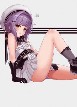 1girl bare_shoulders blush breasts brown_eyes commentary_request frilled_shirt frills gloves grey_panties hat idolmaster idolmaster_cinderella_girls kiichirou koshimizu_sachiko looking_at_viewer panties pantyshot purple_hair shirt short_hair sitting skirt small_breasts socks solo squiggle underwear