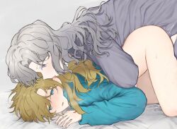 Rule 34 | 2girls, all fours, blonde hair, blue eyes, blue shirt, blush, bottomless, ear licking, flirting, from side, frottage, futanari, grey hair, grey shirt, highres, hug, hug from behind, kiss, licking, long sleeves, looking at another, multiple girls, nishiyos, on bed, profile, purple eyes, reverse:1999, shirt, steam from mouth, tongue, tongue out, turning head, vila (reverse:1999), white hair, windsong (reverse:1999), yuri