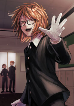 3boys black_jacket classroom closed_eyes commentary_request dream_luther fang glasses gloves hand_up highres indoors jacket luther_von_ivory male_focus multiple_boys nil_(pixiv_53614557) orange_hair randal&#039;s_friends randal_ivory sebastian_de_tomato_smith_chicken_legs short_hair standing white_gloves