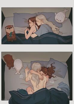 2girls a_song_of_ice_and_fire absurdres alicent_hightower bare_arms blonde_hair blue_shirt blue_tank_top brown_hair closed_eyes closed_mouth commentary cuddling hand_in_another&#039;s_hair hand_on_another&#039;s_back highres implied_fingering long_hair multiple_girls on_bed pillow rhaenyra_targaryen shirt short_sleeves stuffed_otter stuffed_seal sweat symbol-only_commentary tank_top tcn_tancha under_covers yuri