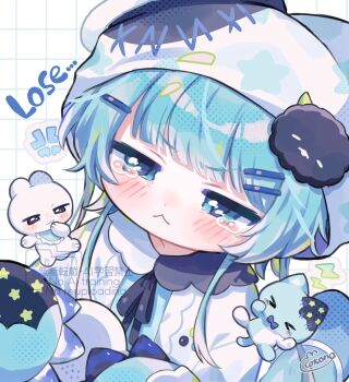 Rule 34 | 1girl, :<, anger vein, black ribbon, blue eyes, blue hair, closed mouth, commentary, cotono (nazekun), grid background, hair ornament, hairclip, highres, hood, hood up, hoodie, neck ribbon, original, parallel hairclips, ribbon, short hair, signature, solo, tears, upper body, watermark, white background, white hoodie