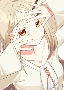 1girl blonde_hair brown_hair collarbone gakuen_idolmaster gradient_hair hair_ornament hairclip higaragi highres idolmaster long_hair long_sleeves looking_at_viewer multicolored_hair orange_eyes parted_lips shinosawa_hiro signature simple_background sleeves_past_wrists solo upper_body white_background