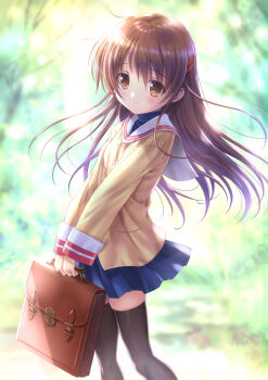 Rule 34 | 1girl, aged up, bag, black thighhighs, blue skirt, blurry, blurry background, brown eyes, brown hair, clannad, commentary request, commission, day, goto p, hair between eyes, highres, holding, holding bag, long hair, long sleeves, looking at viewer, miniskirt, okazaki ushio, outdoors, pleated skirt, school bag, skeb commission, skirt, sleeves past wrists, solo, straight hair, thighhighs, zettai ryouiki