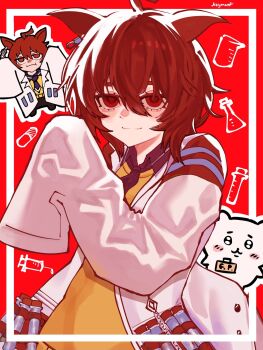 1girl agnes_tachyon_(umamusume) ahoge animal_ears black_shirt brown_hair chibi chibi_inset chiikawa chiikawa_(character) closed_mouth coat collared_shirt commentary cork ear_ornament ear_tag earrings english_commentary hair_between_eyes hand_up highres horse_ears horse_girl jewelry lab_coat long_sleeves open_clothes open_coat red_background red_eyes shirt short_hair single_earring sleeves_past_fingers sleeves_past_wrists smile solo split_mouth sweater test_tube thatkeyguy umamusume white_coat yellow_sweater