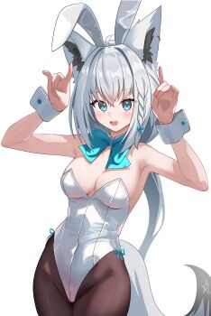 1girl :d absurdres ahoge alternate_costume animal_ear_hairband animal_ear_piercing animal_ears aqua_bow aqua_bowtie aqua_eyes armpits black_pantyhose bow bowtie braid breasts cleavage commentary covered_navel crossed_bangs detached_collar double-parted_bangs double_fox_shadow_puppet fake_animal_ears fox_ears fox_girl fox_shadow_puppet fox_tail hair_between_eyes hairband hands_up highleg highleg_leotard highres hololive kumarang leotard long_hair looking_at_viewer low_ponytail medium_breasts open_mouth pantyhose pentagram playboy_bunny ponytail rabbit_ear_hairband rabbit_ears shirakami_fubuki side-tie_leotard side_braid single_braid smile solo strapless strapless_leotard tail virtual_youtuber white_hair white_wrist_cuffs wrist_cuffs
