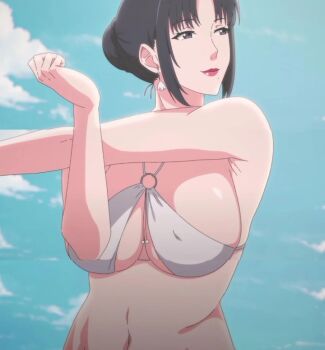 1girl arm_stretch bikini black_hair blush breasts completely_nude drunk holding_hands huge_breasts large_breasts long_hair mature_female my_mother_the_animation nude nush_(xter) ocean red_lips smile swimsuit upper_body xter xtermination