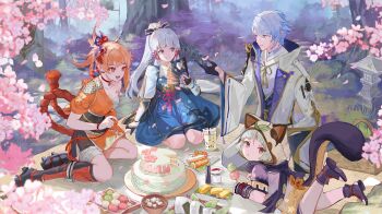 1boy 3girls :d absurdres anniversary armor asymmetrical_armor asymmetrical_hair ayaka_(genshin_impact) bandaged_leg bandages banner basket black_armor black_bridal_gauntlets black_footwear black_gloves black_sash black_scarf black_socks black_vest blanket blue_eyes blue_hair blue_jacket blue_skirt blunt_bangs blunt_tresses blurry boots bowl bracelet branch breastplate bridal_gauntlets bubble_tea butterfly_choker cake cherry_blossoms chest_tattoo chinese_knot choker closed_mouth commentary cup dango depth_of_field disposable_cup drinking_straw earrings english_commentary fake_tail falling_petals fish_hair_ornament flower_knot folding_fan food genshin_impact geta gloves gold_choker gold_trim grass hadanugi_dousa hair_between_eyes hair_ornament hair_ribbon hand_fan hand_up high_ponytail highres holding holding_fan holding_food ilumiarts jacket japanese_armor japanese_clothes jewelry kamisato_ayato kamisato_clan_(emblem) kimono kneehighs kote kusazuri leaf leaf_on_head legs_up long_hair long_sleeves looking_at_another looking_at_viewer lying medium_hair mole mole_under_eye mole_under_mouth multiple_girls neck_tassel obi on_stomach onigiri open_clothes open_kimono open_mouth orange_eyes orange_hair orange_kimono outdoors pants petals picnic picnic_basket pink_petals pink_ribbon ponytail popped_collar purple_eyes purple_shirt raccoon_hood raccoon_tail red_choker ribbon rope sanshoku_dango sarashi sash sayu_(genshin_impact) scarf seiza shimenawa shirt short_hair short_kimono short_sleeves shoulder_armor single_sode sitting skewer skirt smile socks sode stone_lantern stud_earrings suneate tail tassel tattoo teeth tree tress_ribbon upper_teeth_only vest wagashi wariza white_hair white_jacket white_pants wide_sleeves yoimiya_(genshin_impact) yokozuwari