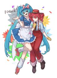 Rule 34 | 2girls, absurdres, apron, black eyes, black footwear, black necktie, blue dress, blue hair, bow, buttons, collared shirt, diagonal-striped bow, double-breasted, dress, drill hair, english text, full body, gloves, hair between eyes, hat, hatsune miku, highres, kasane teto, long hair, mesmerizer (vocaloid), multiple girls, necktie, open mouth, pants, puffy short sleeves, puffy sleeves, red eyes, red footwear, red hair, red hat, red pants, roller skates, sang yu qwq, sharp teeth, shirt, short sleeves, skates, smile, socks, striped clothes, striped dress, striped shirt, suspenders, teeth, tongue, tongue out, twin drills, twintails, utau, vertical-striped clothes, vertical-striped dress, vertical-striped shirt, visor cap, vocaloid, waist apron, waitress, white apron, white shirt, white socks, white wrist cuffs, wrist cuffs, yellow gloves
