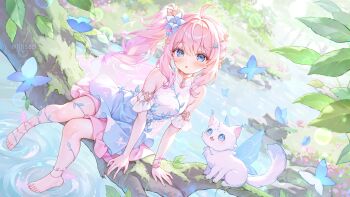 1girl alllisso barefoot blue_eyes blush branch bug butterfly cat commentary_request dress fantasy flower forest hair_flower hair_ornament highres insect light_particles long_hair nature outdoors pastel_colors pink_hair sitting twintails water wings