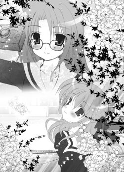 00s 2girls branch building camera collarbone glasses greyscale maria-sama_ga_miteru monochrome multiple_girls naitou_shouko outdoors petals plant sailor_collar school school_uniform shouko smile takatori_umi_(artist) takeshima_tsutako