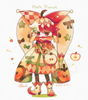 1girl ahoge apple argyle_clothes argyle_dress bag black_bow black_pantyhose blonde_hair blush boots bow checkered_hat commentary dated dress food food-themed_clothes fruit full_body green_bow hair_bow hair_ornament hat high_collar long_hair long_sleeves mochimura_sorata multicolored_dress multicolored_hair original pantyhose personification pointy_boots red_eyes red_hair red_hat signature simple_background sleeves_past_fingers sleeves_past_wrists solo standing star_(symbol) star_hair_ornament striped_bow twintails two-tone_hair watermark white_background yellow_boots yellow_dress