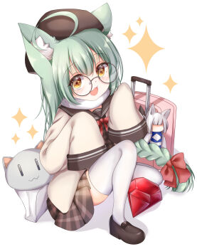 1girl :3 absurdres ahoge akagi_(azur_lane) akashi_(azur_lane) akashi_(welcome_to_azurcon!)_(azur_lane) animal_ear_fluff animal_ears azur_lane bag_charm beret bow brown_hat brown_jacket brown_shoes cat cat_ears cat_girl character_doll charm_(object) commentary doll dress gem_(azur_lane) glasses grandapple71 green_hair grey_cat hair_between_eyes hair_bow hat highres jacket kaga_(azur_lane) long_hair long_sleeves looking_at_viewer official_alternate_costume pink_bag plaid_clothes plaid_dress red_bow rolling_suitcase round_eyewear scarf shoes simple_background sleeves_past_fingers sleeves_past_wrists solo suitcase thighhighs tilted_headwear very_long_hair white_background white_scarf white_thighhighs yellow_eyes