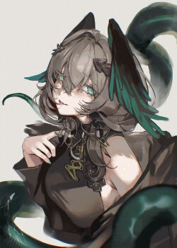 1girl aqua_eyes aqua_wings arknights bare_shoulders black_dress black_wings breasts commentary dress fang gradient_wings grey_background grey_hair hair_between_eyes hair_intakes hair_ornament head_wings highres ho&#039;olheyak_(arknights) ho&#039;olheyak_(ritual_of_immortality)_(arknights) kirihara_aki large_breasts looking_at_viewer medium_hair multicolored_wings official_alternate_costume parted_lips simple_background skin_fang sleeveless sleeveless_dress snake_tail solo symbol-only_commentary tail twirling_hair upper_body wings