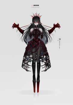 1girl amputee artist_name black_boots blood bloody_tears boots character_name closed_mouth commentary crinoline disembodied_hand double_amputee english_commentary hair_between_eyes highres horror_(theme) indie_virtual_youtuber intestines layna_lazar long_hair pale_skin pantyhose platform_boots pointy_ears red_eyes ribs solid_eyes solo syringe the_cecile virtual_youtuber white_background