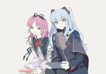 Rule 34 | 2girls, animal ear hairband, animal ears, ao no kiseki, armor, ascot, asprosgy, breastplate, capelet, cat ear hairband, cat ears, closed mouth, double-parted bangs, eiyuu densetsu, fake animal ears, green eyes, hair between eyes, hairband, handheld game console, hashtag-only commentary, highres, holding, holding handheld game console, long hair, multiple girls, parted bangs, pink hair, red ascot, renne (eiyuu densetsu), sailor collar, sidelocks, simple background, sitting, smile, sora no kiseki, tio plato, twintails, upper body, white background, yellow eyes, zero no kiseki