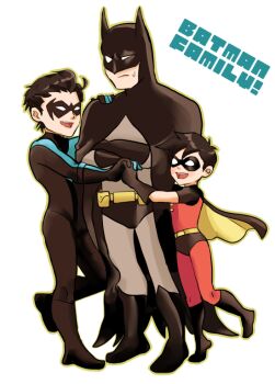 3boys batman batman_(series) black_hair bodysuit boots brothers bruce_wayne cape crossed_arms dc_comics dcau dick_grayson domino_mask eye_mask family father_and_son hug male_focus mask multiple_boys nightwing robin_(dc) siblings tim_drake_(dcau)
