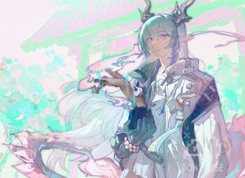 Rule 34 | 1boy, arknights, blue streaks, bonsai, chinese commentary, closed mouth, colored extremities, commentary request, dragon boy, dragon horns, dragon tail, earrings, eastern dragon horns, eastern dragon tail, flower pot, green hands, green streaks, grey hair, hair between eyes, highres, holding, holding flower pot, horns, jacket, jewelry, jzstraight, long hair, long sleeves, looking at viewer, male focus, multicolored hair, pink eyes, pointy ears, shirt, smile, solo, streaked hair, tail, white jacket, white shirt, yi (arknights)