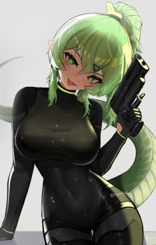 1girl :d absurdres arknights arknights:_endfield artist_name black_bodysuit black_gloves blush bodysuit breasts copyright_name covered_navel fluorite_(arknights) gloves green_eyes green_hair gun hair_ornament hairclip head_tilt heart heart-shaped_pupils highres holding holding_gun holding_weapon impossible_bodysuit impossible_clothes kyuunsai large_breasts long_hair looking_at_viewer open_mouth pointy_ears ponytail simple_background skin_tight smile snake_tail solo symbol-shaped_pupils tail thigh_gap trigger_discipline twitter_username weapon wet wet_clothes white_background
