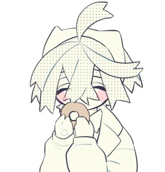 Rule 34 | 1boy, ^ ^, ahoge, blush stickers, chibi, closed eyes, covered mouth, crossed bangs, donut, food, gloves, greyscale, hair between eyes, hairband, holding, holding donut, holding food, kieran (pokemon), long sleeves, male focus, miaivz, mole, mole on neck, monochrome, nintendo, partially colored, pokemon, pokemon sv, single glove, sketch, solo, white background