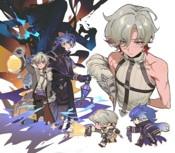 Rule 34 | 2boys, arm up, bare shoulders, black boots, black capelet, black coat, black gloves, blue eyes, blue hair, blush, boots, brown gloves, brown pants, capelet, chest harness, chibi, closed mouth, coat, collarbone, collared capelet, commentary request, earrings, expressionless, flins (genshin impact), fridaynightcat, fur-trimmed coat, fur-trimmed sleeves, fur trim, genshin impact, gloves, gradient hair, grey coat, grey hair, grey pants, hair between eyes, harness, highres, holding, holding lantern, illuga (genshin impact), jewelry, lantern, lapels, long hair, long sleeves, looking at viewer, male focus, mole, mole under eye, multicolored hair, multiple boys, multiple scars, multiple views, open clothes, open coat, pants, parted bangs, parted lips, profile, purple sash, red hair, ribbed sweater, sash, scar, scar on arm, scar on shoulder, short hair, simple background, single earring, sleeve cuffs, sleeveless, sleeveless sweater, sweater, thigh strap, turtleneck, turtleneck sweater, two-tone hair, vision (genshin impact), walking, white background, white sweater, yellow eyes