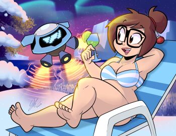 1girl arm_behind_head aurora barefoot beach beach_chair bikini black-framed_eyewear breasts brown_eyes brown_hair chair cleavage cup drink drinking_glass eyelashes feet floating food forest fruit full_body glasses hair_bun hair_ornament hair_stick holding holding_cup ice juicyartz lake large_breasts lime_(fruit) lounge_chair mei_(overwatch) nature night open_mouth outdoors overwatch plump robot short_hair signature single_hair_bun sitting sky smile snow snowball_(overwatch) soles solo star_(sky) starry_sky striped_bikini striped_clothes swimsuit toes tree