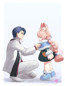 1boy 1girl animal_ear_fluff animal_ear_piercing animal_ears blue_background blue_capelet blue_hair blue_shoes border braid braided_twintails capelet closed_eyes closed_mouth commentary_request damian_blackwood dressing_another formal_clothes from_side full_body fur-trimmed_capelet fur-trimmed_shoes fur_trim furry furry_female green_eyes highres long_hair looking_at_another parted_lips pink_fur pink_hair rabbit_ears rabbit_girl rabbit_tail red_shirt shirt shoes short_hair squatting suit tail uixy white_border white_shoes white_suit zenless_zone_zero zhao_(zenless_zone_zero)