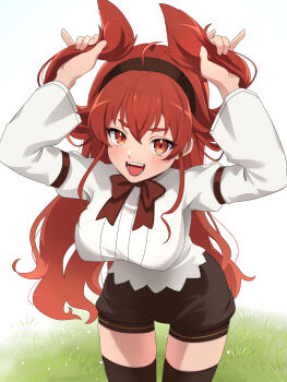 Rule 34 | 1girl, alternate hairstyle, arms up, breasts, bunching hair, covered erect nipples, eris greyrat, hairband, highres, holding, holding own hair, large breasts, leaning forward, legs, long hair, looking at viewer, mushoku tensei, open mouth, playing with own hair, red eyes, red hair, shorts, smile, solo, sweater, teeth, thighs, tongue, twintails, two side up, very long hair