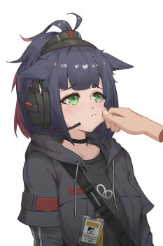 1girl absurdres animal_ears arknights black_choker black_hair black_jacket black_shirt blue_hair cat_ears cat_girl cheek_pinching cheek_pull choker closed_mouth commentary_request disembodied_hand green_eyes headphones headset highres hood hood_down hooded_jacket id_card implied_extra_ears jacket jessica_(arknights) laohuangdefang_5 long_sleeves multicolored_hair open_clothes open_jacket pinching ponytail red_hair shirt short_hair simple_background solo_focus streaked_hair tearing_up tears two-tone_hair upper_body white_background