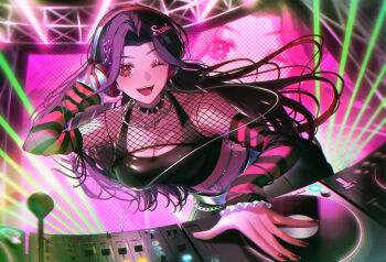 1girl ;d black_hair blush breasts character_name cleavage collar crop_top detached_sleeves dj eyelashes facial_mark fingernails fishnet_top fishnets hair_ornament hairclip hand_on_headphones headphones heart heart_facial_mark highres jewelry large_breasts long_hair looking_at_viewer midriff mixing_console mole mole_on_breast mole_under_eye nail_polish necklace nightclub nijisanji nijisanji_en one_eye_closed open_mouth phonograph pleated_skirt red_eyes red_nails riz3 scarle_yonaguni second-party_source skirt smile solo spiked_collar spikes tank_top turntable virtual_youtuber