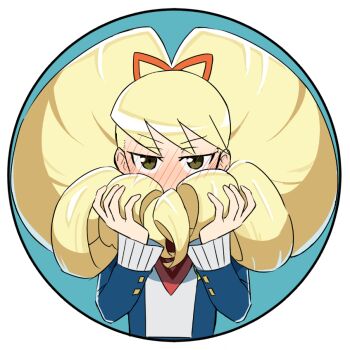 1girl bandana black_outline blue_background blue_jacket blush border circle commentary_request covering_own_face covering_own_mouth drill_hair full-face_blush hair_ribbon holding_own_hair jacket jitome long_sleeves looking_at_viewer luna_platz_(mega_man) mega_man_(series) mega_man_star_force_(series) ogi_non outline red_bandana red_ribbon ribbon shirt solo twin_drills upper_body white_border white_shirt yellow_eyes