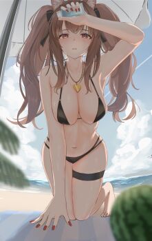 1girl all_fours animal_ears arm_up armpit_crease armpits bare_arms bare_shoulders barefoot beach beach_towel beach_umbrella bikini black_bikini black_bow blue_sky blush bow breasts brown_eyes brown_hair cleavage cloud cloudy_sky collarbone commentary_request day food fruit full_body hair_bow half-closed_eyes halterneck heart heart_necklace highres holding jewelry juicy_korokke3 large_breasts long_hair looking_at_viewer lotion nail_polish navel necklace o-ring o-ring_top ocean open_mouth original outdoors red_nails sand shiny_skin sidelocks sky solo sunscreen swimsuit teeth thigh_strap towel twintails umbrella upper_teeth_only watermelon