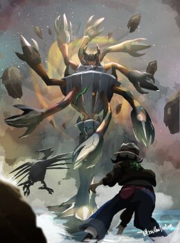 1girl absurdres barbaracle black_jacket blue_pants bo_(bouillustration) boss_fight claws commentary_request crack extra_arms extra_eyes gen_2_pokemon gen_6_pokemon harmony_(pokemon) hat highres jacket mega_barbaracle mega_pokemon nintendo pants pokemon pokemon_legends:_z-a signature skarmory standing white_hat