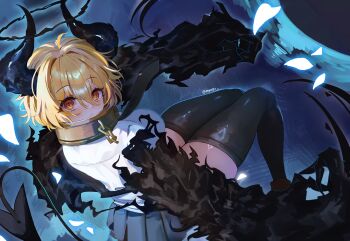 1girl absurdres black_halo black_horns black_necktie black_skirt blonde_hair breasts chain claws collar commentary demon_tail don_quixote_(project_moon) halo highres horns index_(identity)_(project_moon) large_breasts limbus_company looking_at_viewer necktie orange_eyes procuration_(e.g.o) project_moon saeda8e shirt short_hair skindentation skirt solo tail white_shirt