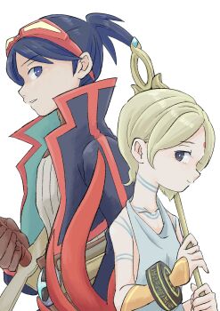 Rule 34 | 1boy, 1girl, absurdres, bracelet, breath of fire, breath of fire v, closed mouth, commentary request, damegamega, dress, facial mark, full-body tattoo, green hair, hair over one eye, highres, holding, holding staff, jewelry, nina (breath of fire v), ryu (breath of fire v), short hair, simple background, smile, staff, sword, tattoo, weapon, white background, white dress