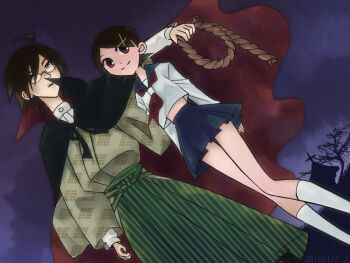 Rule 34 | 1boy, 1girl, ahoge, arm up, black cape, black hair, blue sailor collar, blue skirt, cape, commentary request, dated, dutch angle, feet out of frame, fuura kafuka, glasses, green eyes, green hakama, hakama, holding, holding rope, itoshiki nozomu, japanese clothes, junpei, looking to the side, midriff, neckerchief, night, purple background, red cape, red eyes, red neckerchief, rope, sailor collar, sayonara zetsubou sensei, school uniform, serafuku, shirt, short hair, shosei, skirt, smile, socks, two-sided cape, two-sided fabric, two-tone cape, white shirt, white socks