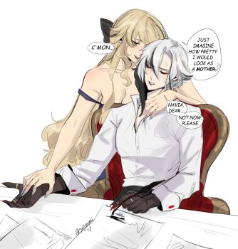 2girls arlecchino_(genshin_impact) bare_shoulders black_hands black_streaks blonde_hair blue_eyes blue_nails breasts cleavage closed_eyes colored_extremities commentary english_commentary english_text fingernails genshin_impact hand_on_another&#039;s_neck highres holding_hands large_breasts long_fingernails long_hair multiple_girls navia_(genshin_impact) paper parted_lips red_nails seijousai shirt simple_background sitting speech_bubble strap_slip white_background white_hair white_shirt writing yuri