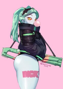 1girl ass bare_legs black_jacket chewing_gum choker colored_sclera colored_skin curvy cyberpunk:_edgerunners cyberpunk_(series) ear_piercing female_focus from_behind green_eyes green_hair hands_in_pockets highres holding holding_weapon huge_ass jacket leg_tattoo long_hair looking_at_viewer matching_hair/eyes nirefuster piercing pink_background profile rebecca_(cyberpunk) red_sclera revealing_clothes shiny_skin simple_background skindentation solo tattoo thick_thighs thighhighs thighs thong twintails weapon white_skin wide_hips