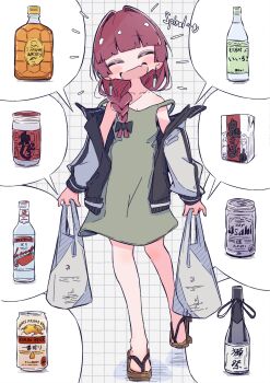 :d absurdres alcohol alcohol_carton aomoringo asahi_breweries bag blush bocchi_the_rock! bottle braid closed_eyes dress earrings emphasis_lines english_text fang geta green_dress grid_background hair_over_shoulder happy highres hiroi_kikuri holding holding_bag jacket jewelry multicolored_jacket open_clothes open_jacket open_mouth purple_hair sake sake_bottle sandals shopping_bag single_braid skin_fang smile speech_bubble two-tone_jacket
