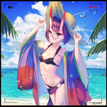 1girl beach bespectacled bikini black-framed_eyewear black_bikini bob_cut breasts cleavage cloud cowboy_shot day fate/grand_order fate_(series) frilled_bikini frills glasses groin halterneck hands_on_headwear hands_up hat highres horns japanese_clothes kimono looking_at_viewer navel o-ring ocean oni open_clothes open_kimono outdoors purple_eyes purple_hair purple_sarong recording round_eyewear sarong sawarineko short_eyebrows short_hair shuten_douji_(fate) skin-covered_horns sky small_breasts smile solo straw_hat sun_hat swimsuit time timestamp viewfinder water_drop wet wide_sleeves