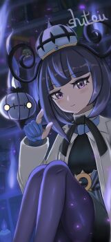 1girl bad_id bad_twitter_id black_dress blue_gloves bob_cut book bookshelf chandelure closed_mouth coat dress evolutionary_line gen_5_pokemon gloves gwynn_(pokemon) hat highres lampent litwick long_sleeves looking_at_viewer nest_ball nintendo open_clothes open_coat pantyhose partially_fingerless_gloves poke_ball pokemon pokemon_(creature) pokemon_legends:_z-a purple_eyes purple_hair purple_pantyhose short_hair smile ve3qc1qfpfjmk9w white_coat