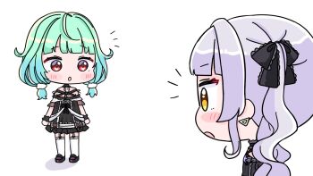 2girls :o bare_shoulders black_bow black_dress black_shoes blush bow brown_eyes chibi commentary_request dress garter_straps green_hair grey_hair hair_bow highres hololive low_twintails mochimiko multiple_girls murasaki_shion murasaki_shion_(gothic_lolita) parted_lips red_eyes shadow shoes short_twintails simple_background standing thighhighs twintails uruha_rushia uruha_rushia_(3rd_costume) virtual_youtuber white_background white_thighhighs wrist_cuffs