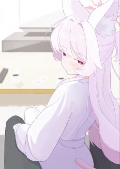 1boy 1girl animal_ears ass blue_archive blush coffee_mug cup halo highres indoors long_hair looking_at_viewer mug red_eyes sensei_(blue_archive) silva_5656 sitting television white_hair