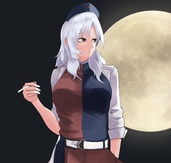 1girl :/ arm_at_side belt blue_hat breasts cigarette commentary cross cross_print dress full_moon hat highres holding holding_cigarette lab_coat large_breasts looking_to_the_side medium_hair moon nurse_cap solo split-color_clothes touhou two-tone_dress white_hair yagokoro_eirin yagoro_kusuriya